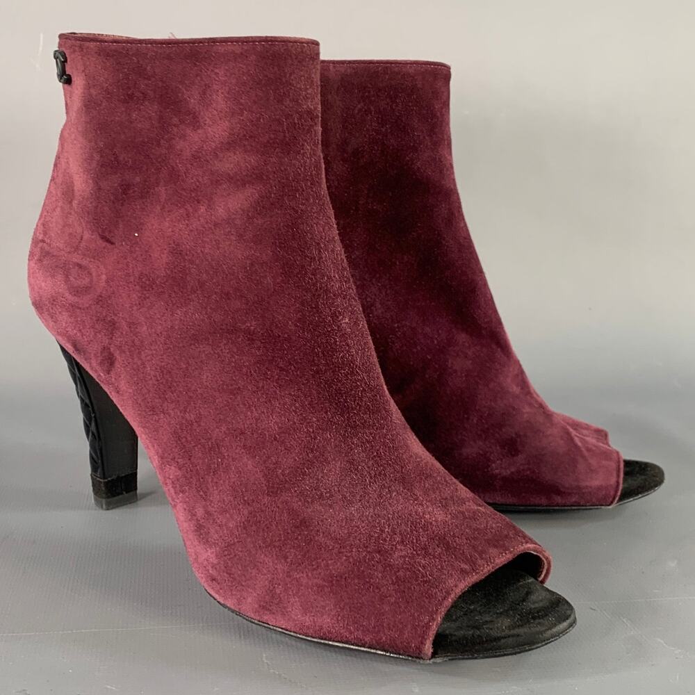 CHANEL Size 8.5 Burgundy Suede Peep Toe Side Zipper Ankle Boots